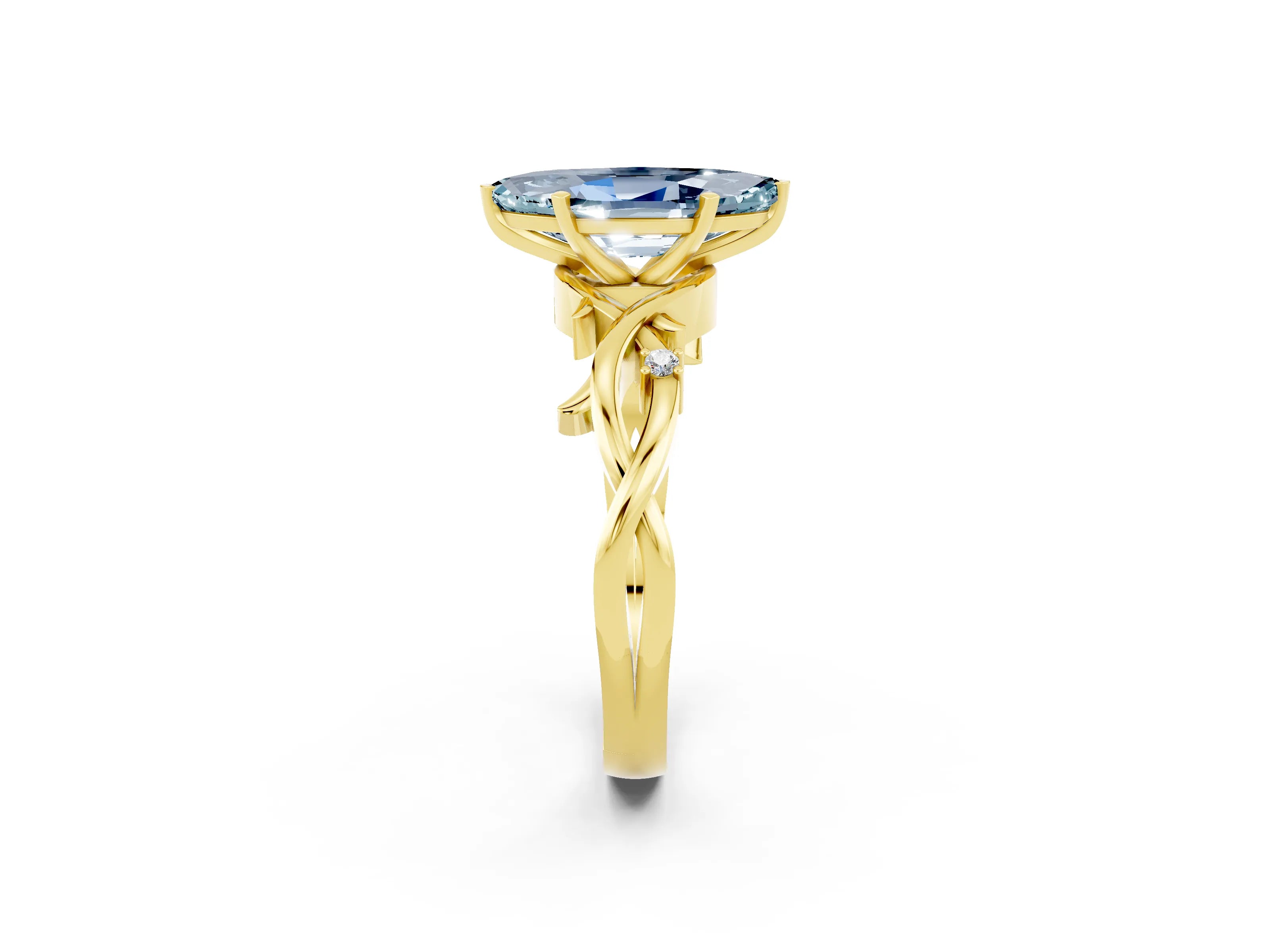 Yellow gold Marquise Cut Aquamarine Solitaire Ring with Milgrain Pavé Band and Four-Prong Setting_14