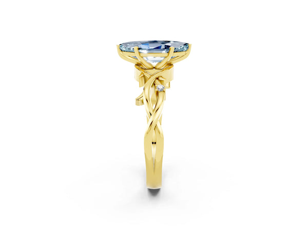 Yellow gold Marquise Cut Aquamarine Solitaire Ring with Milgrain Pavé Band and Four-Prong Setting