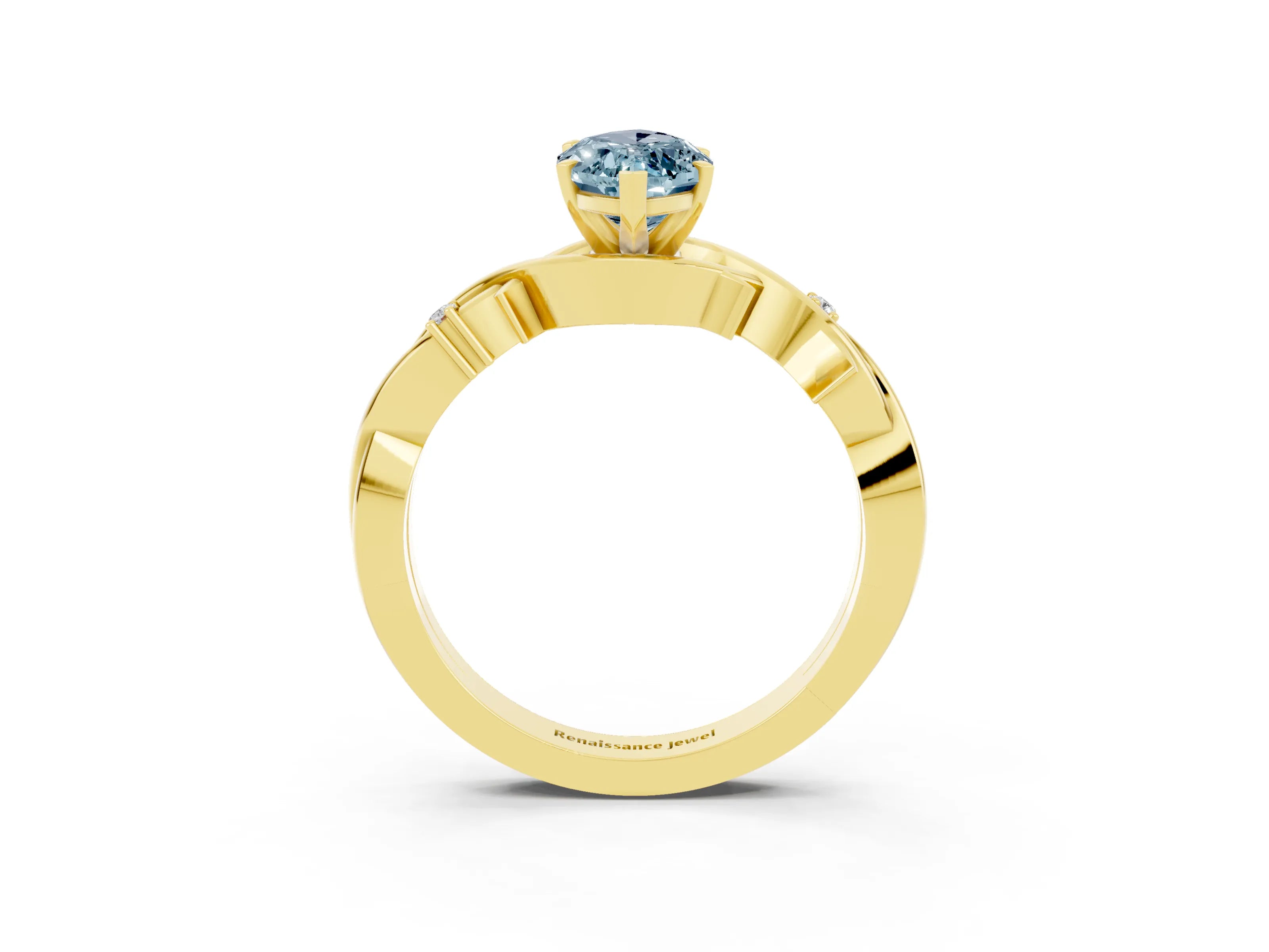 Yellow gold Marquise Cut Aquamarine Solitaire Ring with Milgrain Pavé Band and Four-Prong Setting_15
