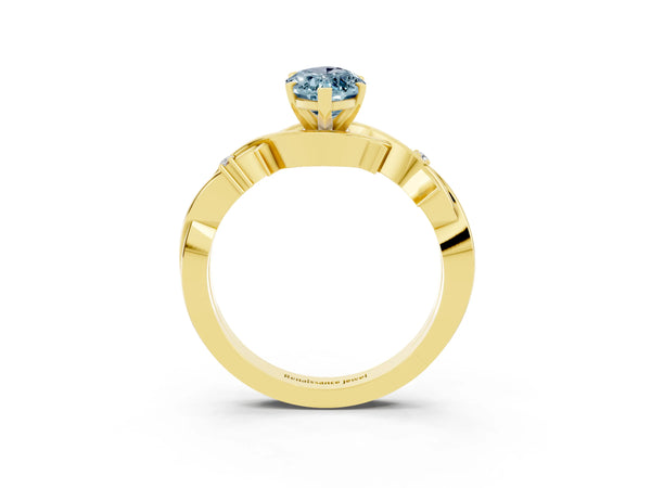 Yellow gold Marquise Cut Aquamarine Solitaire Ring with Milgrain Pavé Band and Four-Prong Setting