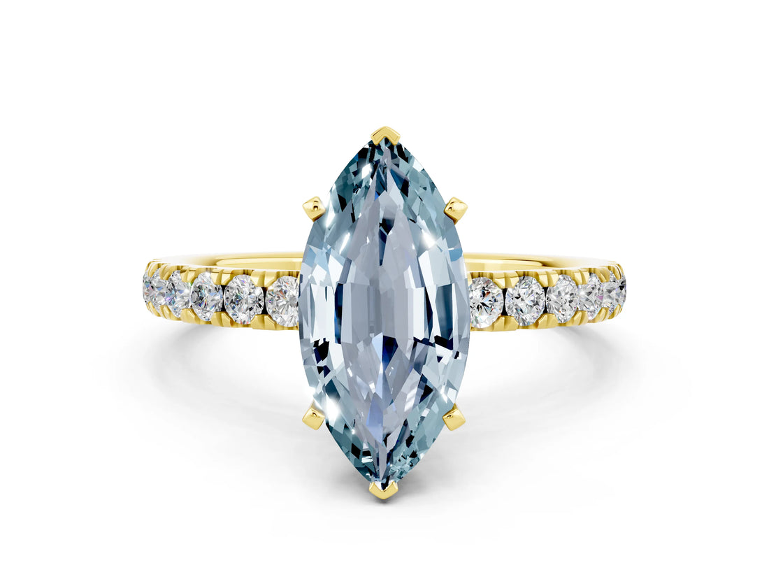 Yellow gold Marquise Cut Aquamarine Solitaire Ring with Pavé Accents and Four-Prong Setting