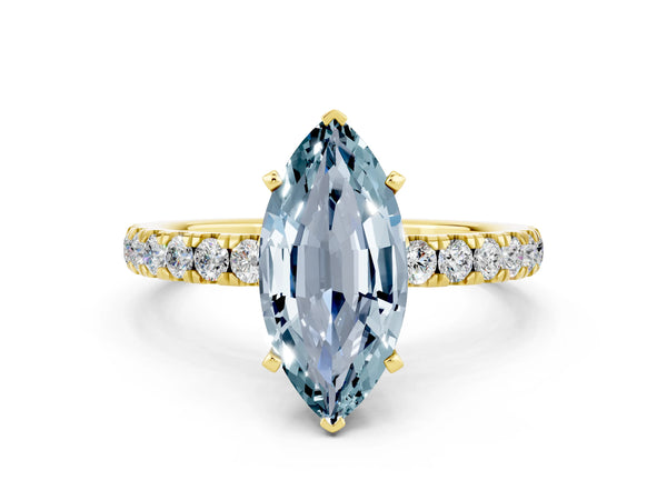 Yellow gold Marquise Cut Aquamarine Solitaire Ring with Pavé Accents and Four-Prong Setting