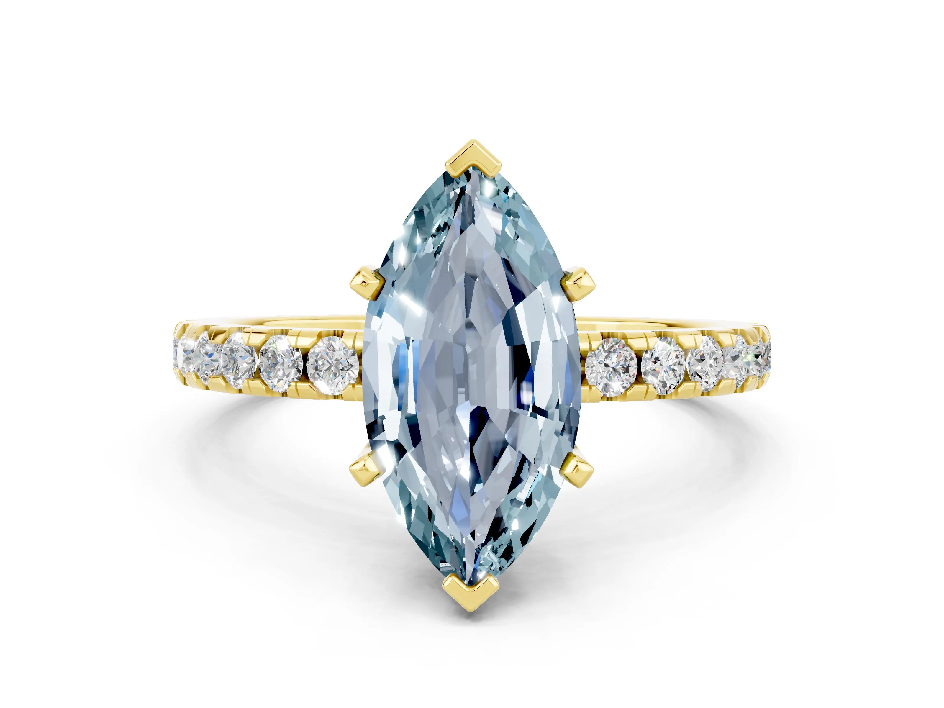 Yellow gold Marquise Cut Aquamarine Solitaire Ring with Pavé Band and Four-Prong Setting_24