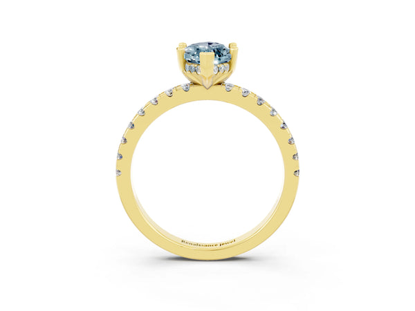 Yellow gold Marquise Cut Aquamarine Solitaire Ring with Round  Pavé Band and Four-Prong Setting