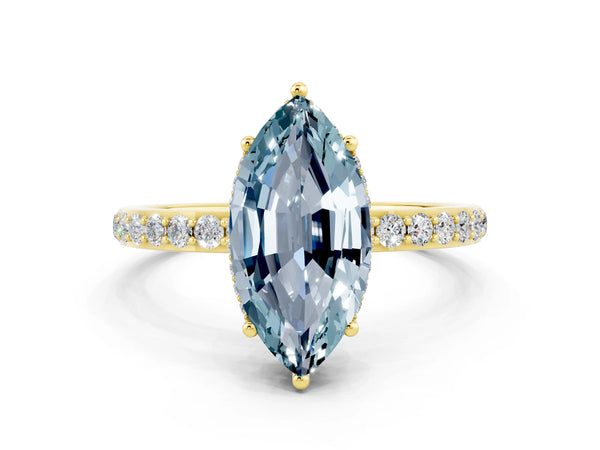 Yellow gold Marquise Cut Aquamarine Solitaire Ring with Pavé Band and Hidden Halo