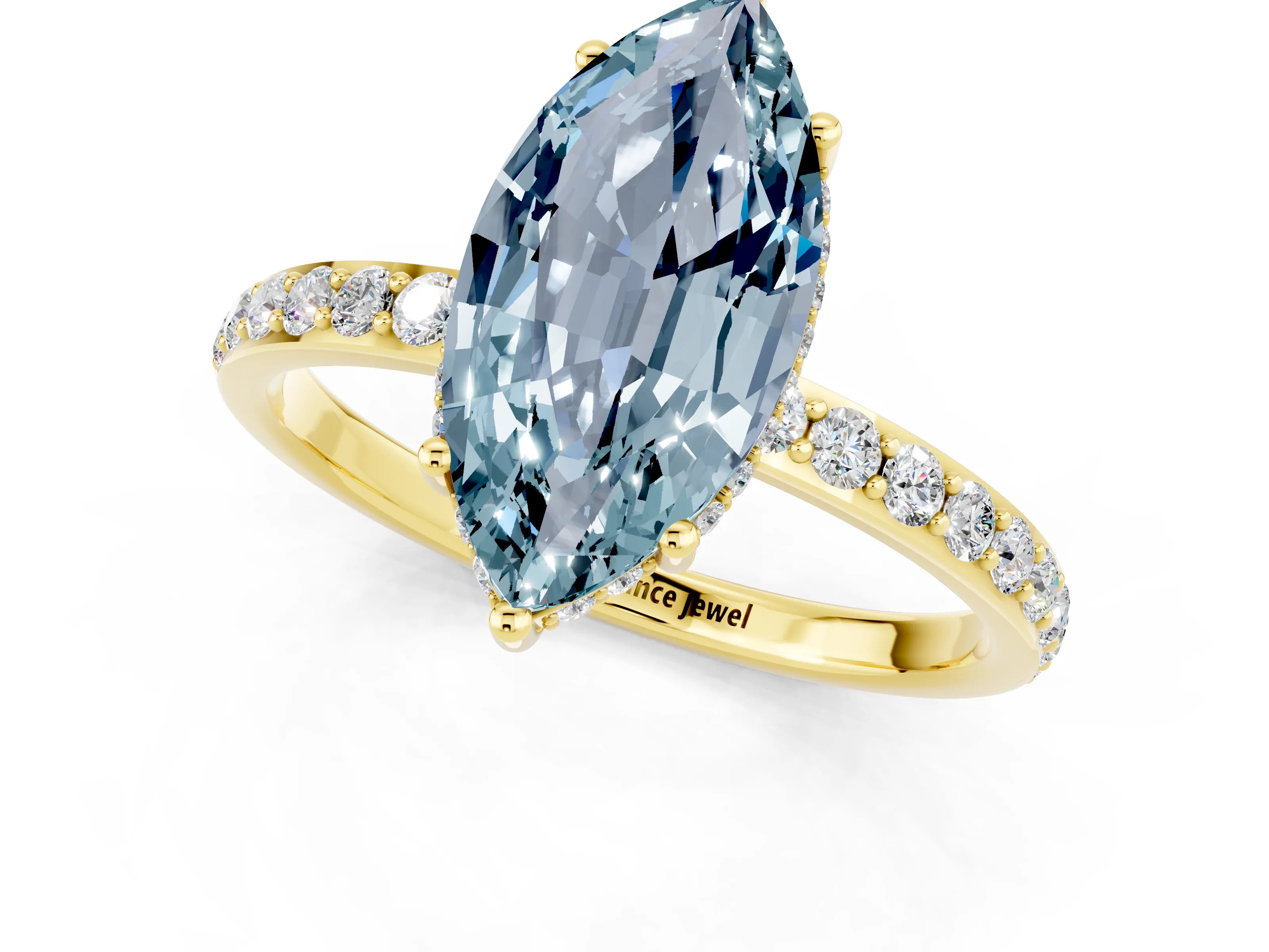 Yellow gold Marquise Cut Aquamarine Solitaire Ring with Pavé Band and Hidden Halo_13