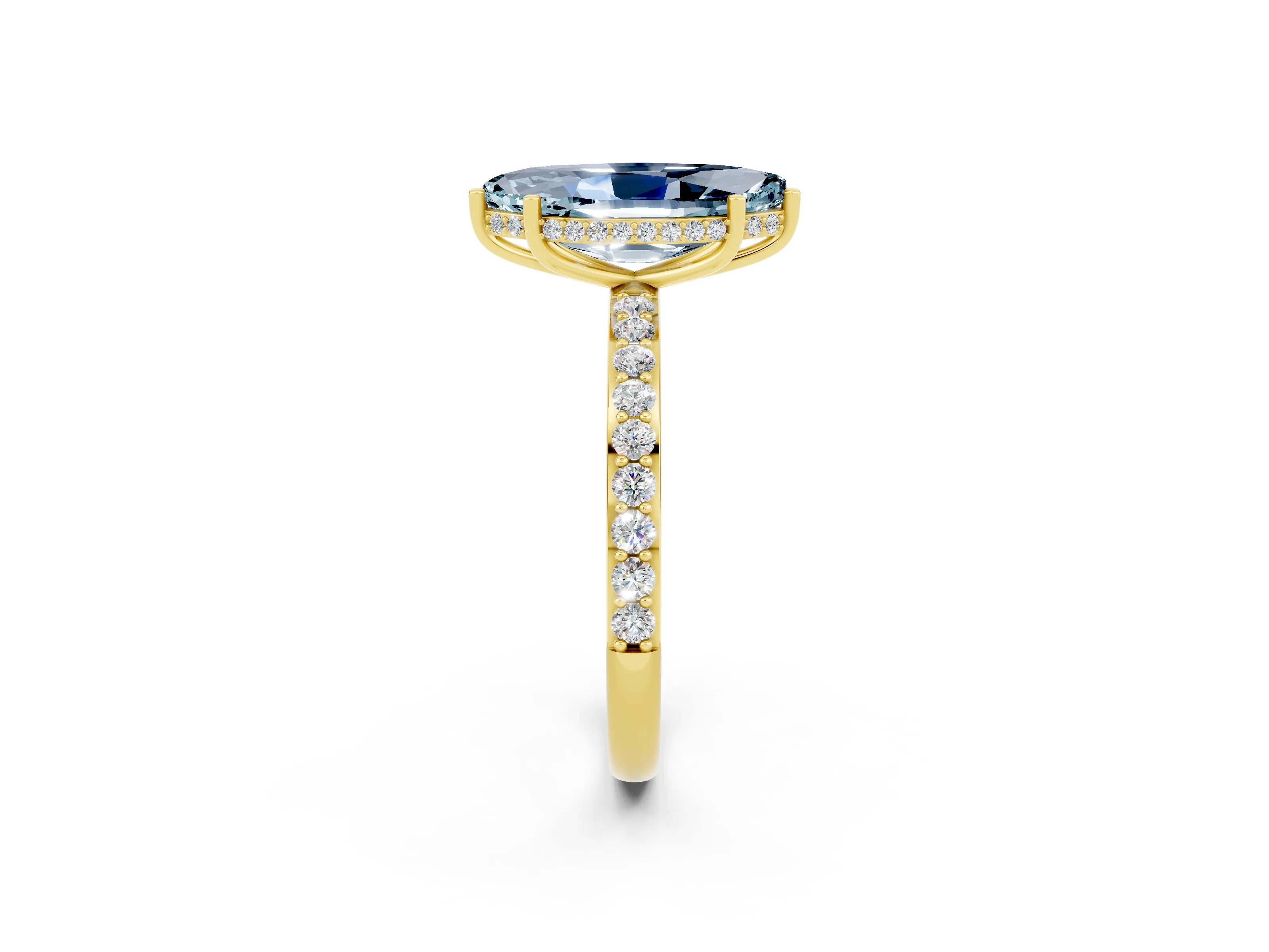 Yellow gold Marquise Cut Aquamarine Solitaire Ring with Pavé Band and Hidden Halo_14