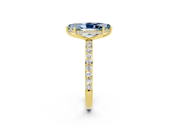 Yellow gold Marquise Cut Aquamarine Solitaire Ring with Pavé Band and Hidden Halo