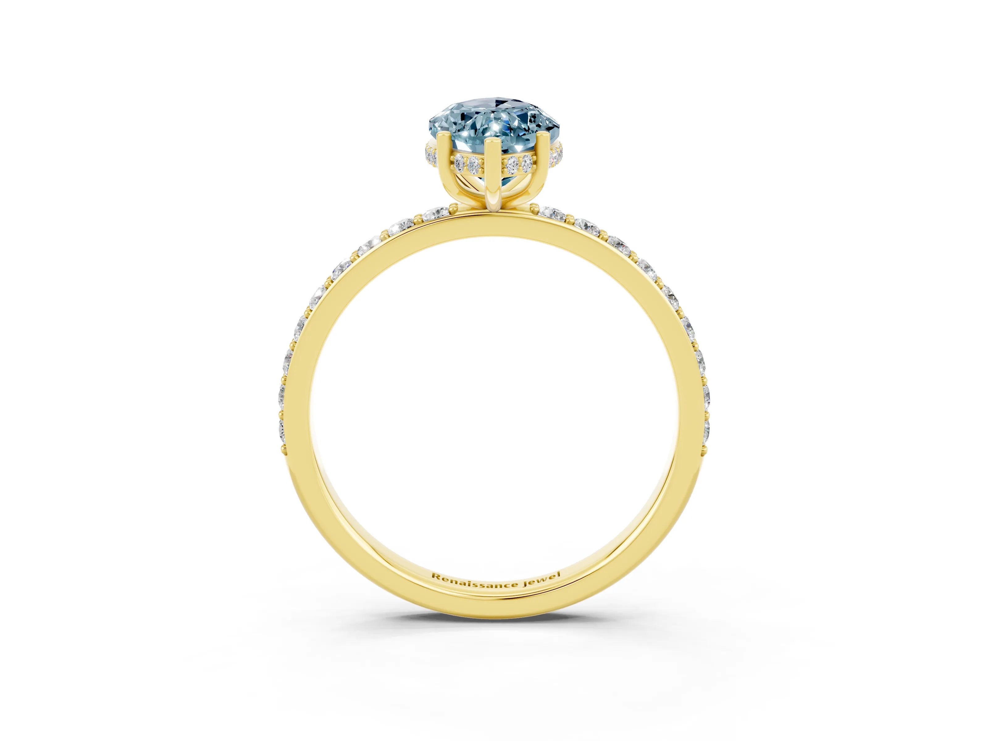 Yellow gold Marquise Cut Aquamarine Solitaire Ring with Pavé Band and Hidden Halo_15