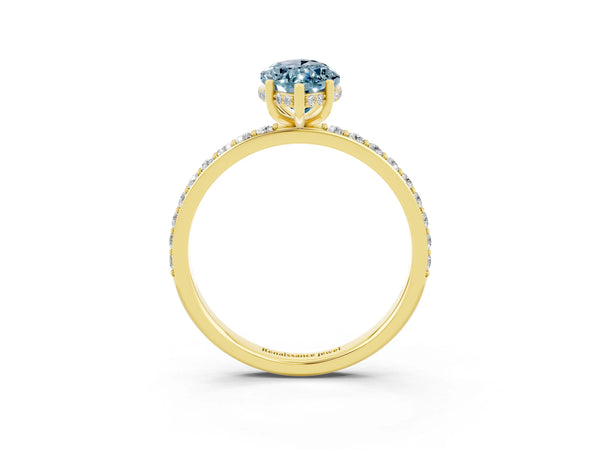 Yellow gold Marquise Cut Aquamarine Solitaire Ring with Pavé Band and Hidden Halo