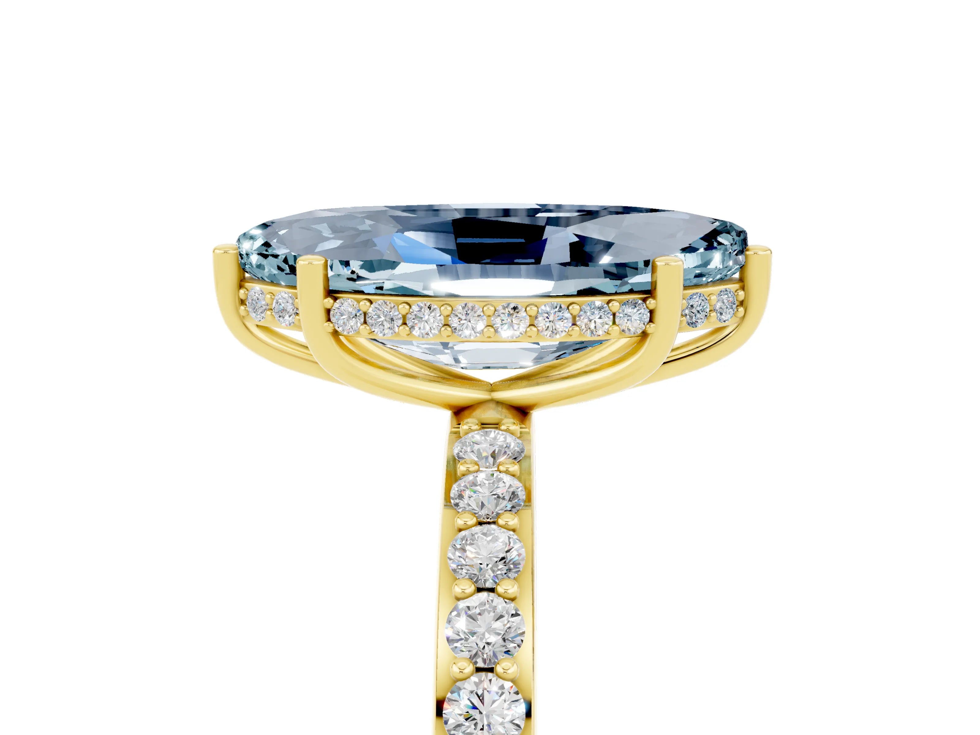 Yellow gold Marquise Cut Aquamarine Solitaire Ring with Pavé Band and Hidden Halo_17