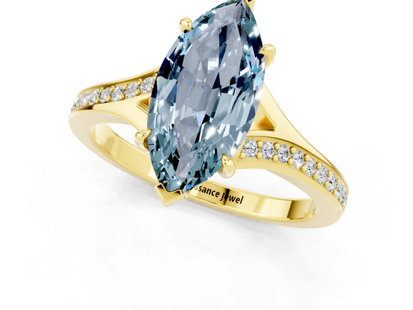 Yellow gold Marquise Cut Aquamarine Solitaire Ring with Pavé Band and Prong Setting