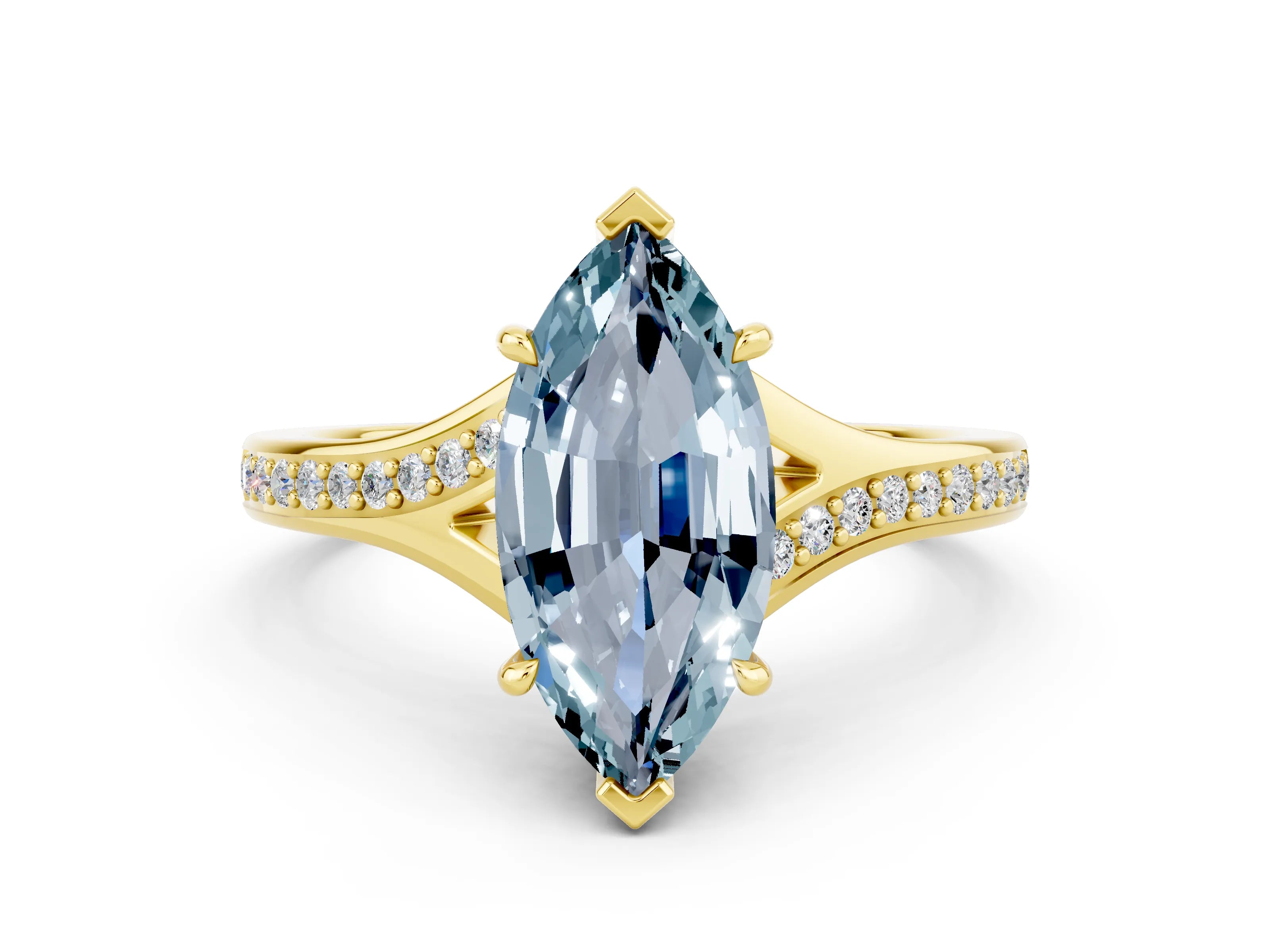 Yellow gold Marquise Cut Aquamarine Solitaire Ring with Pavé Band and Prong Setting_12