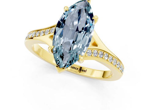 Yellow gold Marquise Cut Aquamarine Solitaire Ring with Pavé Band and Prong Setting_13