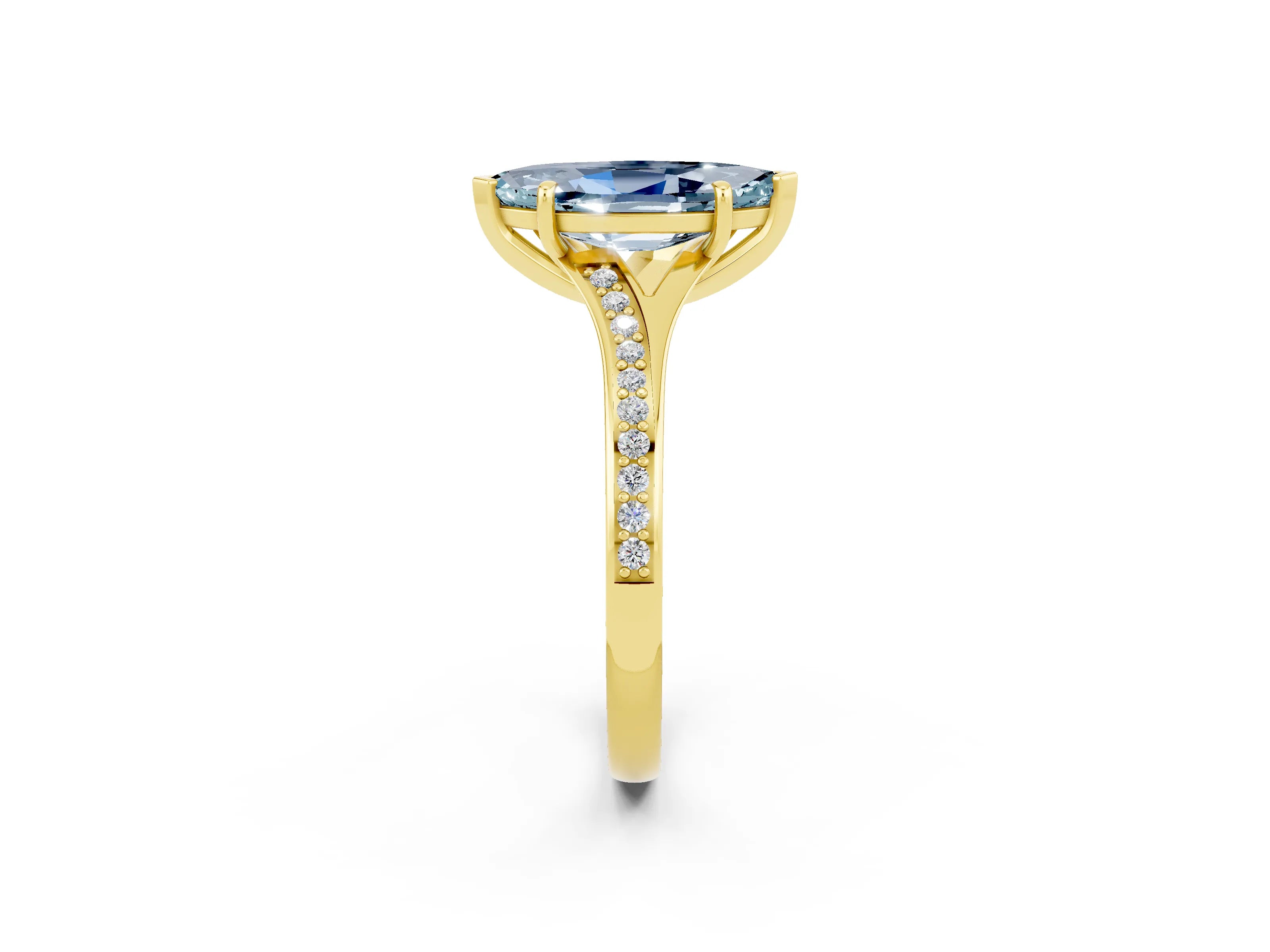 Yellow gold Marquise Cut Aquamarine Solitaire Ring with Pavé Band and Prong Setting_14