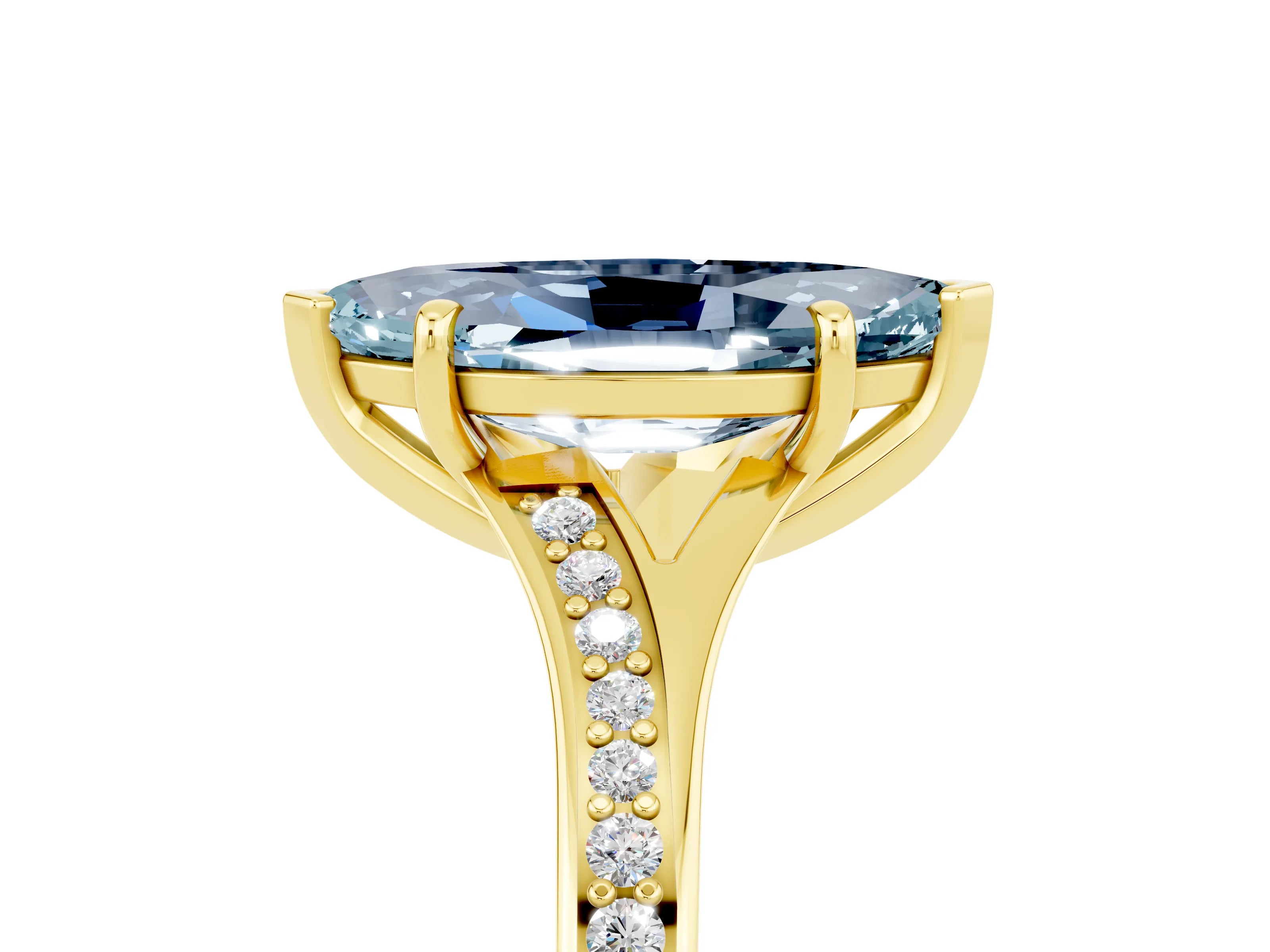 Yellow gold Marquise Cut Aquamarine Solitaire Ring with Pavé Band and Prong Setting_17