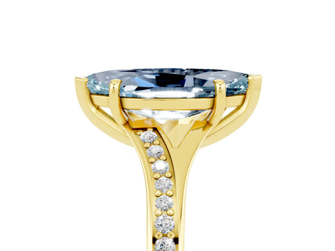Yellow gold Marquise Cut Aquamarine Solitaire Ring with Pavé Band and Prong Setting_17