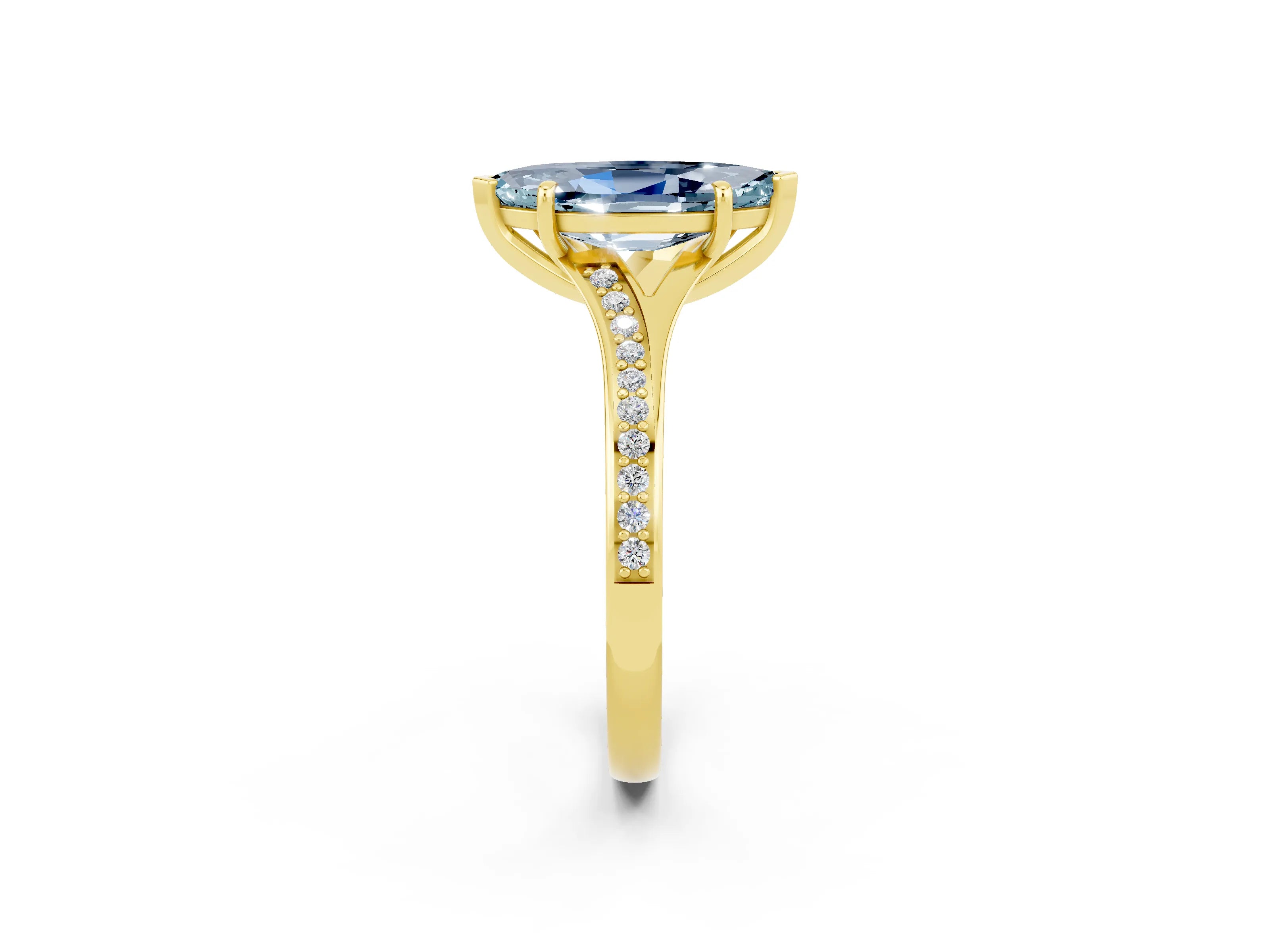 Yellow gold Marquise Cut Aquamarine Solitaire Ring with Pavé Band and Prong Setting_2