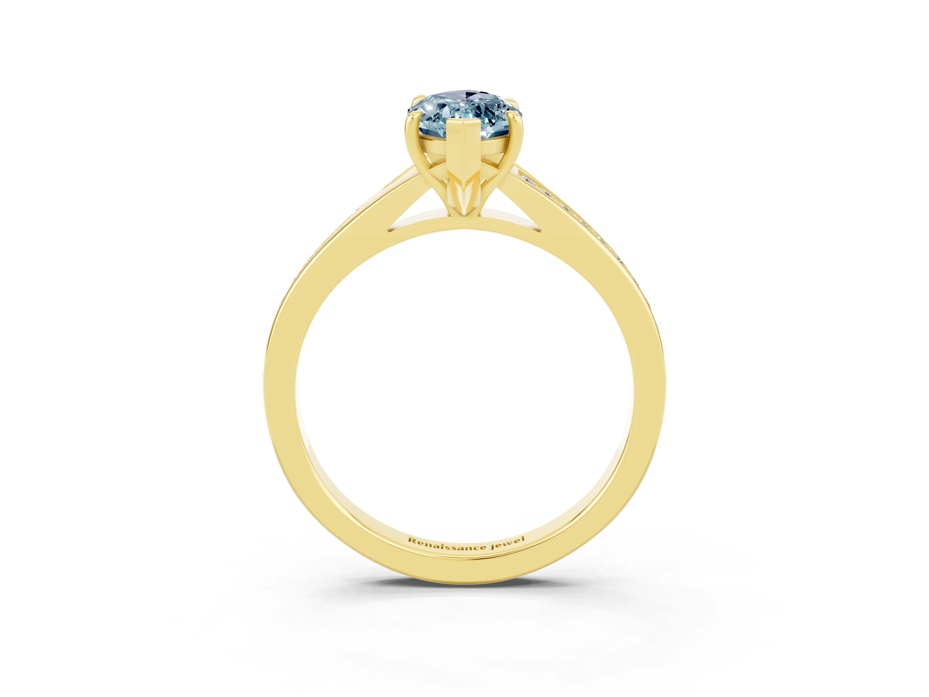 Yellow gold Marquise Cut Aquamarine Solitaire Ring with Pavé Band and Prong Setting_3