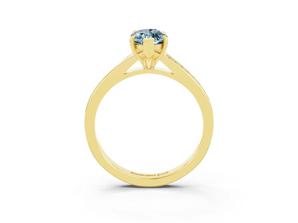 Yellow gold Marquise Cut Aquamarine Solitaire Ring with Pavé Band and Prong Setting