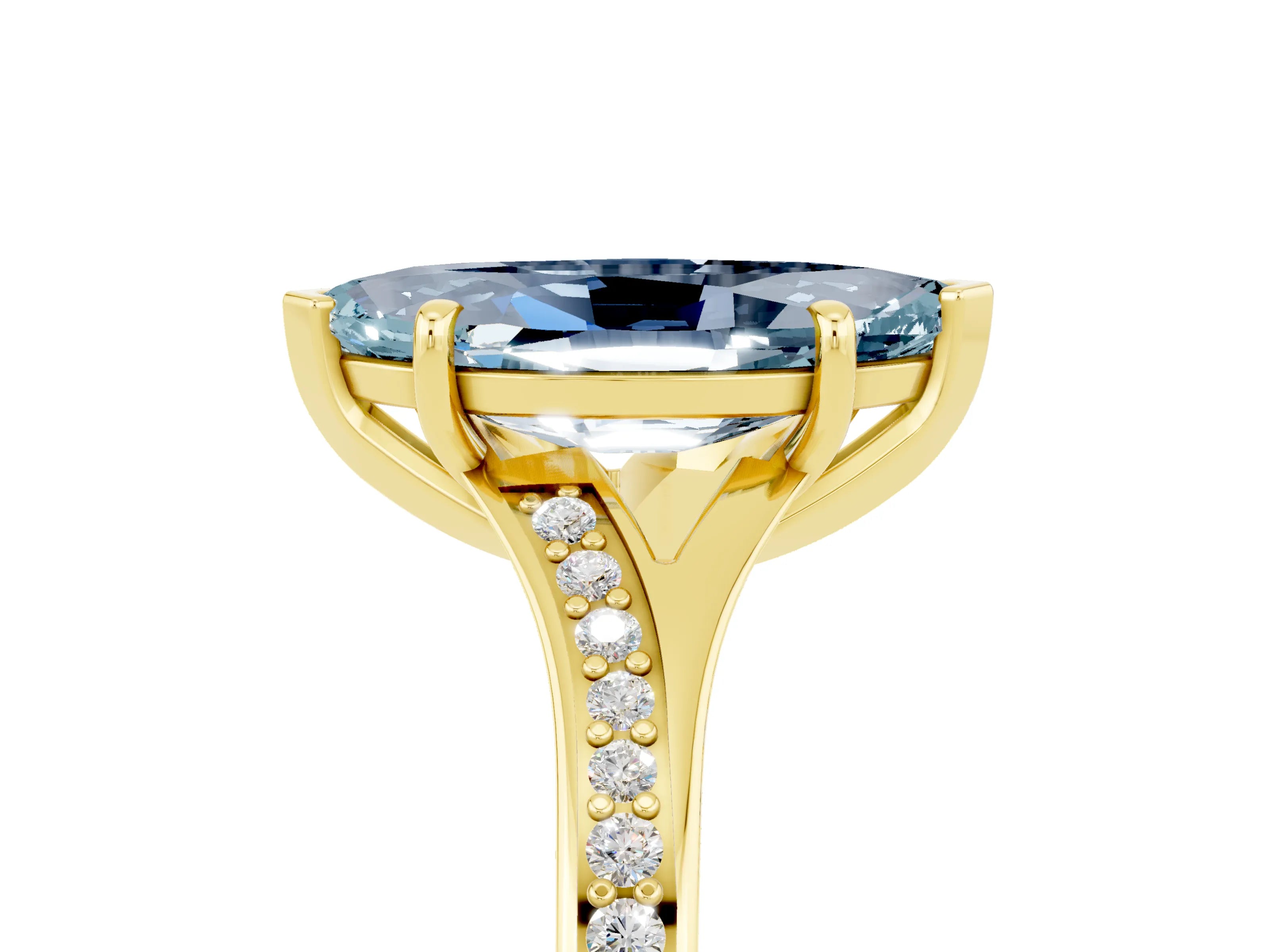 Yellow gold Marquise Cut Aquamarine Solitaire Ring with Pavé Band and Prong Setting_5