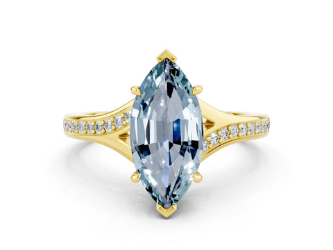 Yellow gold Marquise Cut Aquamarine Solitaire Ring with Pavé Band and Prong Setting