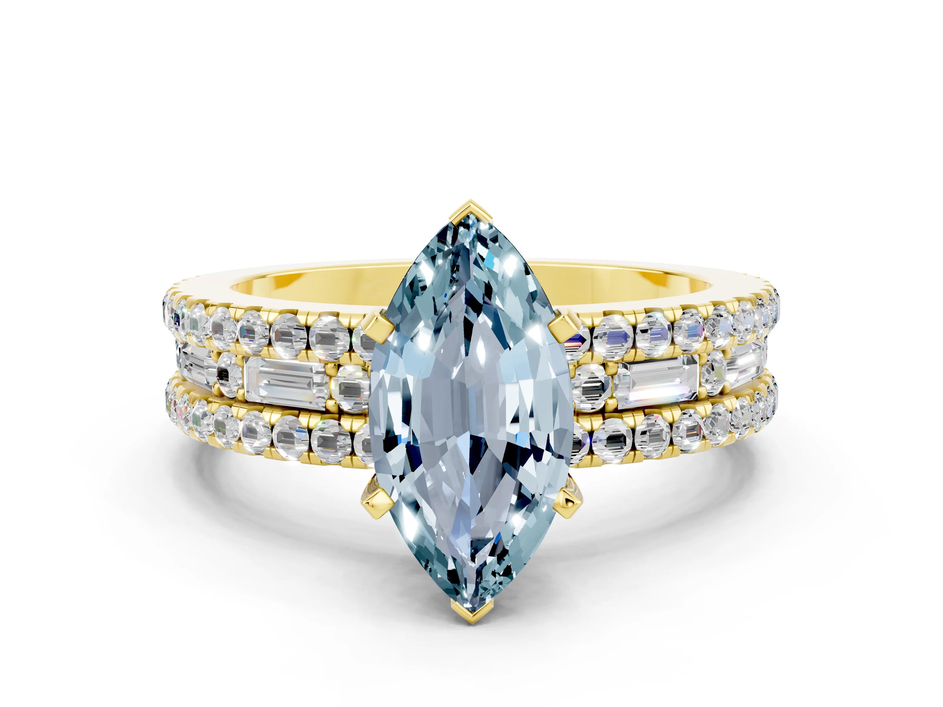 Yellow gold Marquise Cut Aquamarine Solitaire Ring with Pavé and Channel Set Band