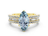 Yellow gold Marquise Cut Aquamarine Solitaire Ring with Pavé and Channel Set Band