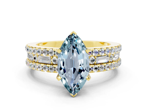 Yellow gold Marquise Cut Aquamarine Solitaire Ring with Pavé and Channel Set Band