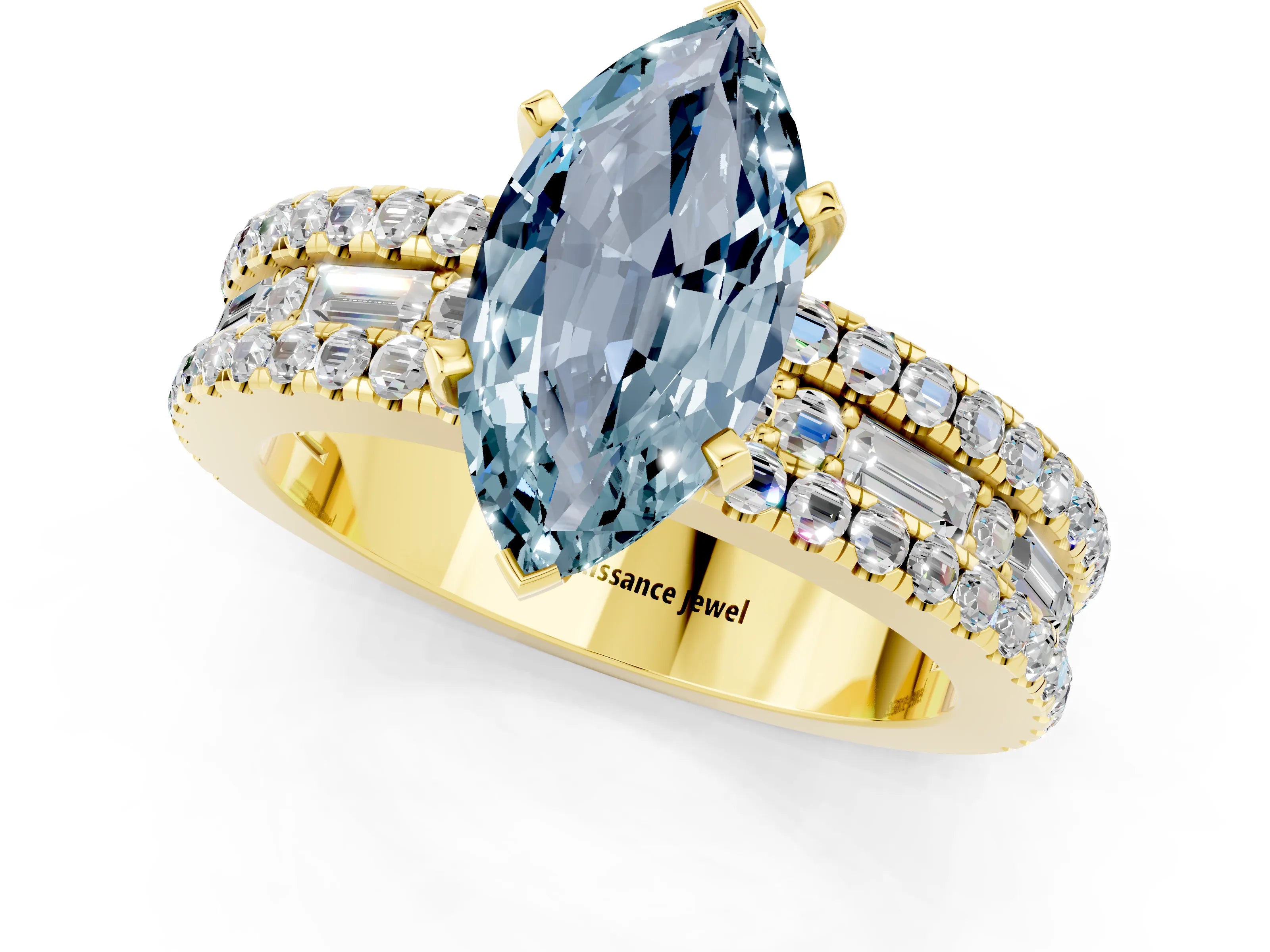 Yellow gold Marquise Cut Aquamarine Solitaire Ring with Pavé and Channel Set Band_1