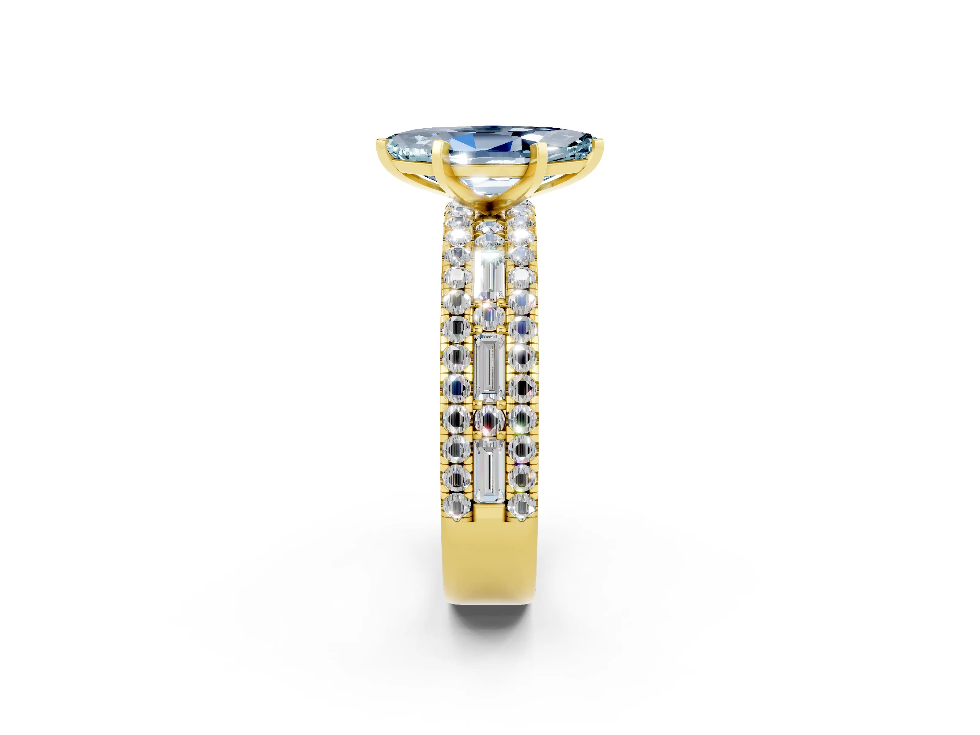 Yellow gold Marquise Cut Aquamarine Solitaire Ring with Pavé and Channel Set Band_2