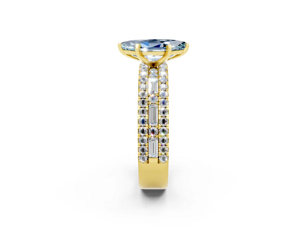 Yellow gold Marquise Cut Aquamarine Solitaire Ring with Pavé and Channel Set Band