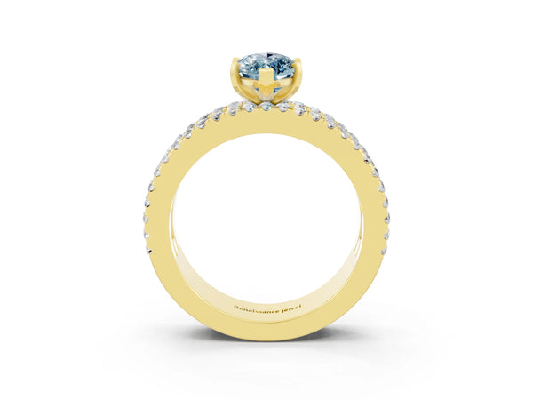 Yellow gold Marquise Cut Aquamarine Solitaire Ring with Pavé and Channel Set Band
