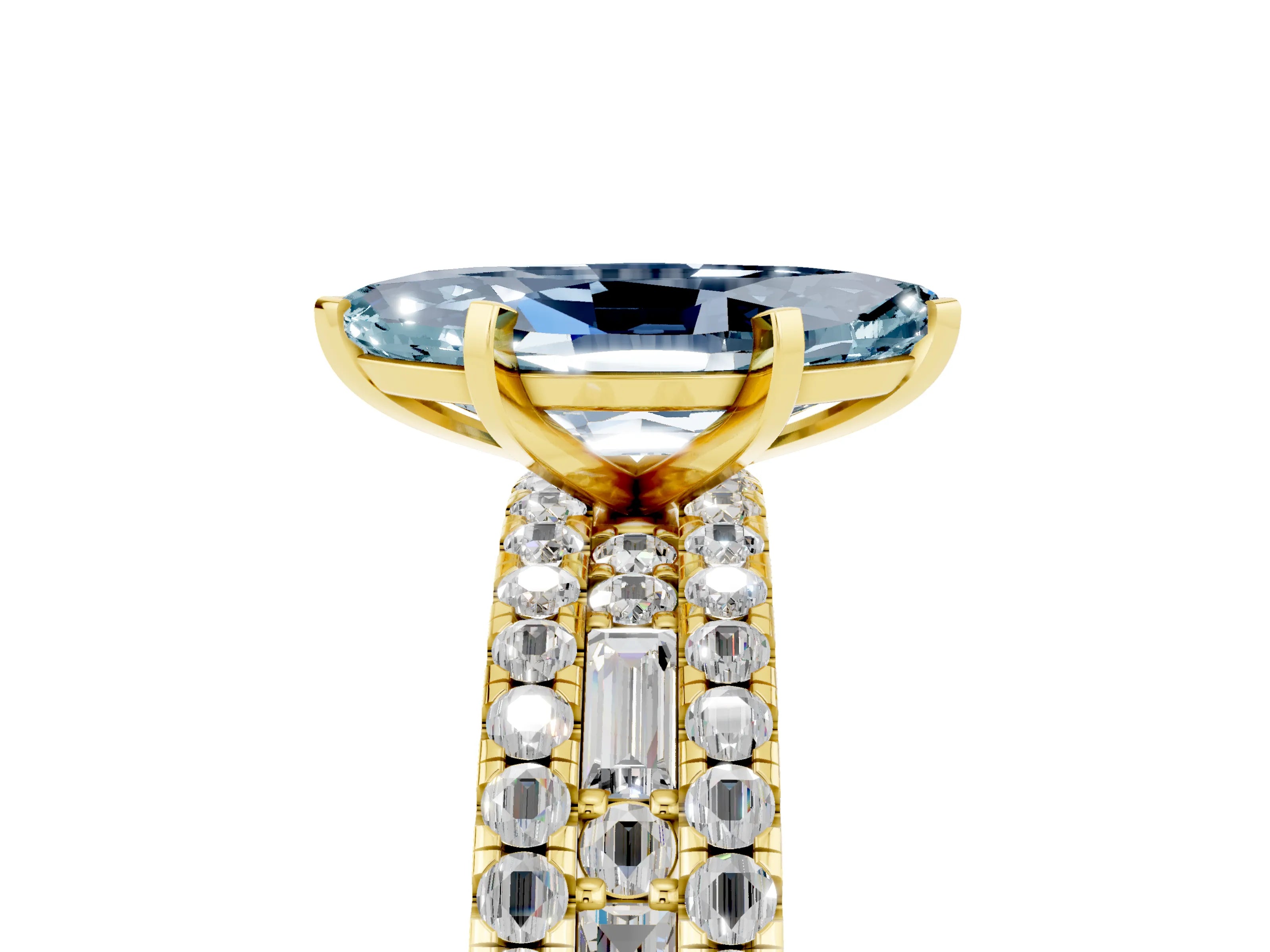 Yellow gold Marquise Cut Aquamarine Solitaire Ring with Pavé and Channel Set Band_5