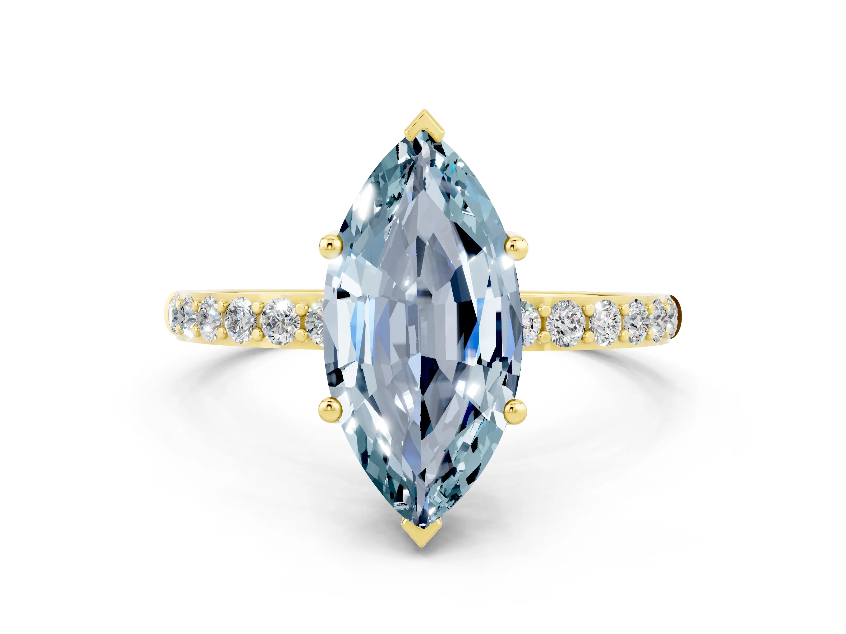Yellow gold Marquise Cut Aquamarine Solitaire Ring with Pave Band and Four Prong Setting_24