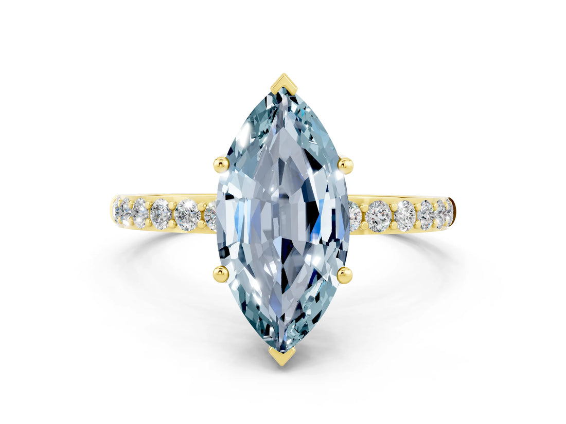 Yellow gold Marquise Cut Aquamarine Solitaire Ring with Pave Band and Four Prong Setting_24