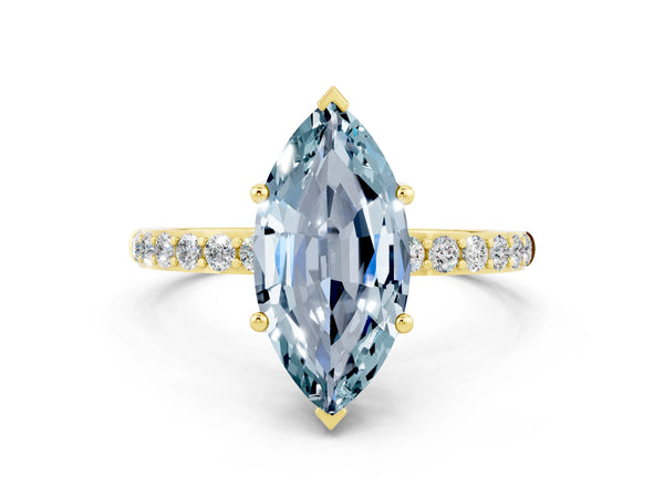 Yellow gold Marquise Cut Aquamarine Solitaire Ring with Round  Pavé Band and Prong Setting