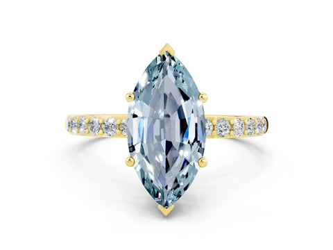 Yellow gold Marquise Cut Aquamarine Solitaire Ring with Pave Band and Four Prong Setting_24