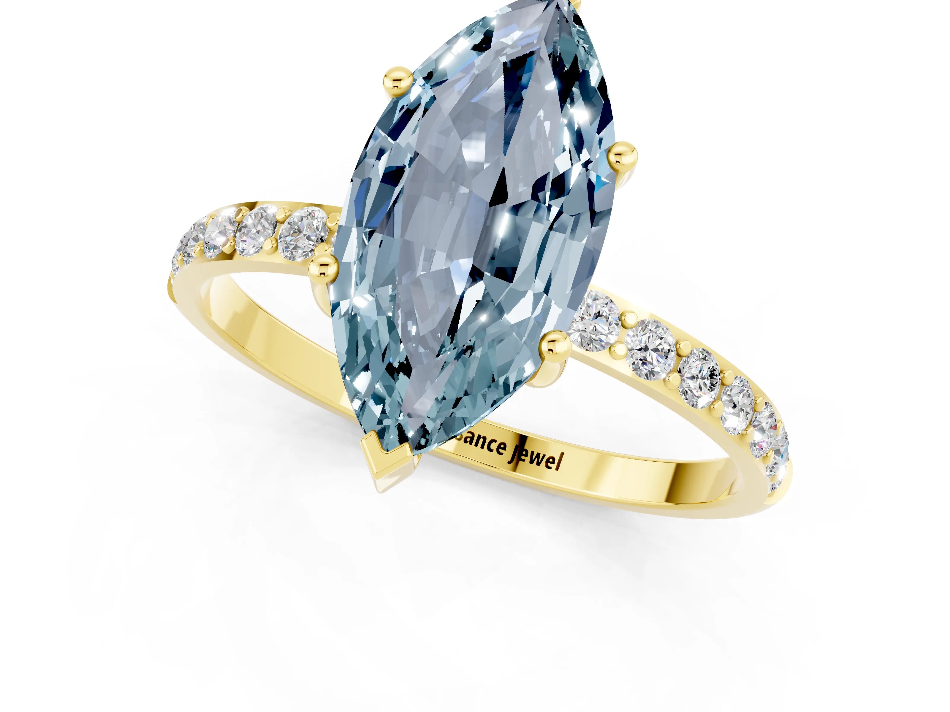 Yellow gold Marquise Cut Aquamarine Solitaire Ring with Pave Band and Four Prong Setting_25