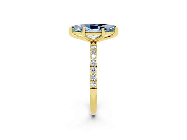 Yellow gold Marquise Cut Aquamarine Solitaire Ring with Round  Pavé Band and Prong Setting