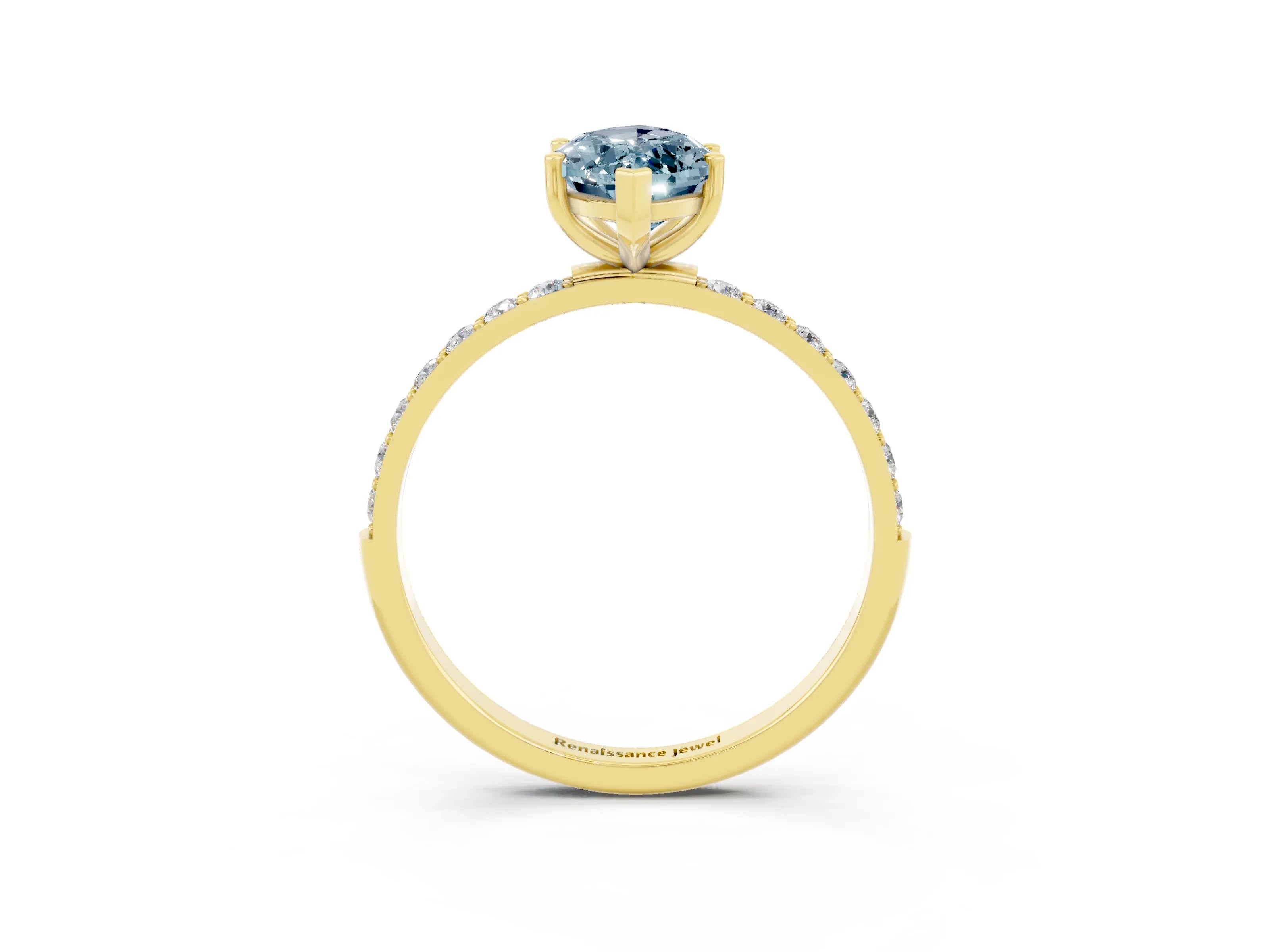 Yellow gold Marquise Cut Aquamarine Solitaire Ring with Pave Band and Four Prong Setting_27