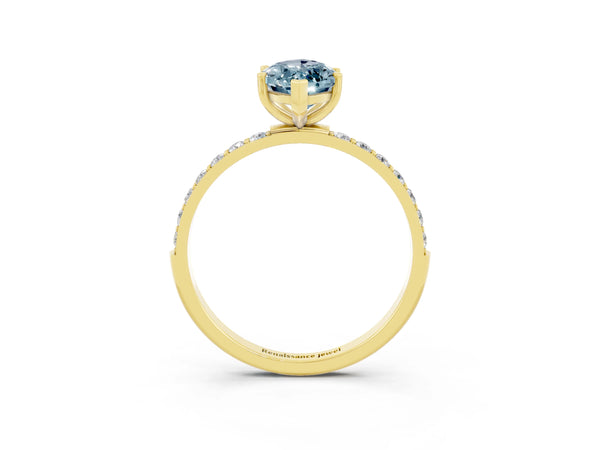 Yellow gold Marquise Cut Aquamarine Solitaire Ring with Round  Pavé Band and Prong Setting
