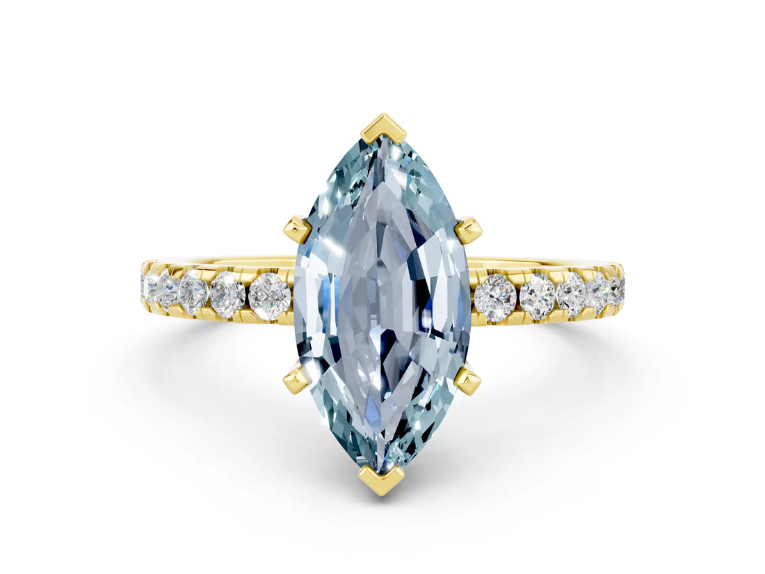 Yellow gold Marquise Cut Aquamarine Solitaire Ring with Round  Pavé Band and Four-Prong Setting_36