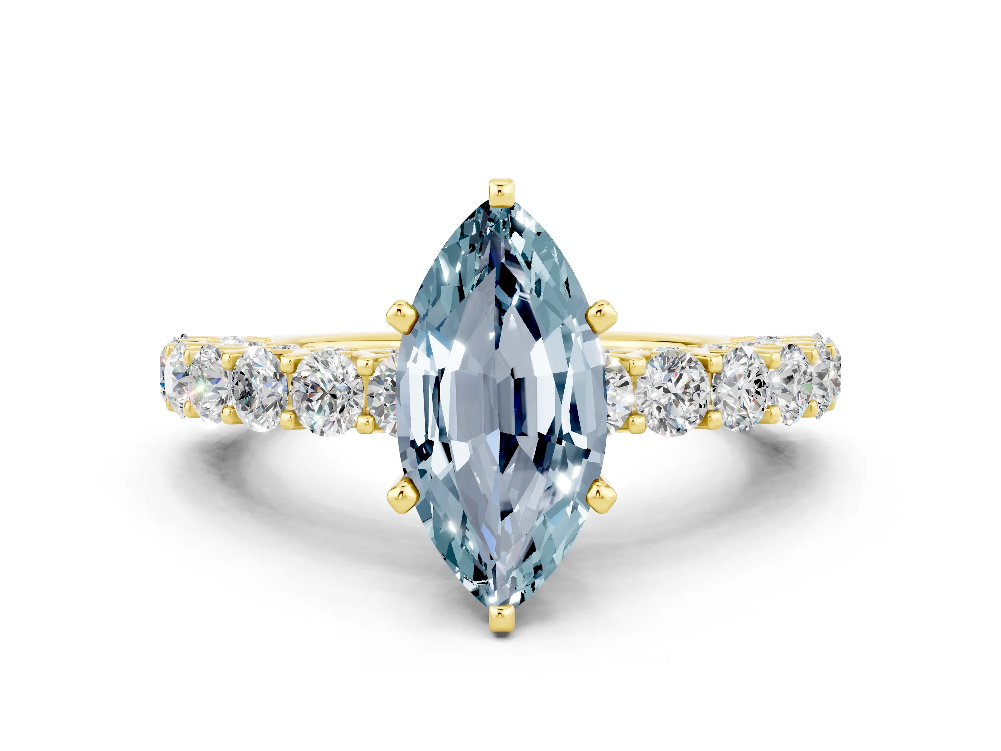 Yellow gold Marquise Cut Aquamarine Solitaire Ring with Shared Prong Pavé Band and Four-Prong Setting