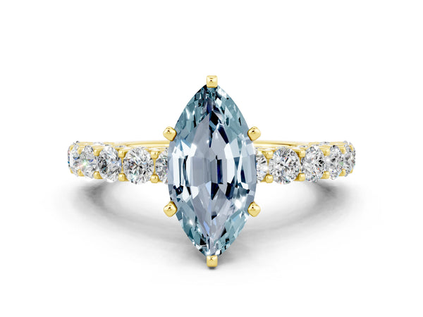 Yellow gold Marquise Cut Aquamarine Solitaire Ring with Shared Prong Pavé Band and Four-Prong Setting