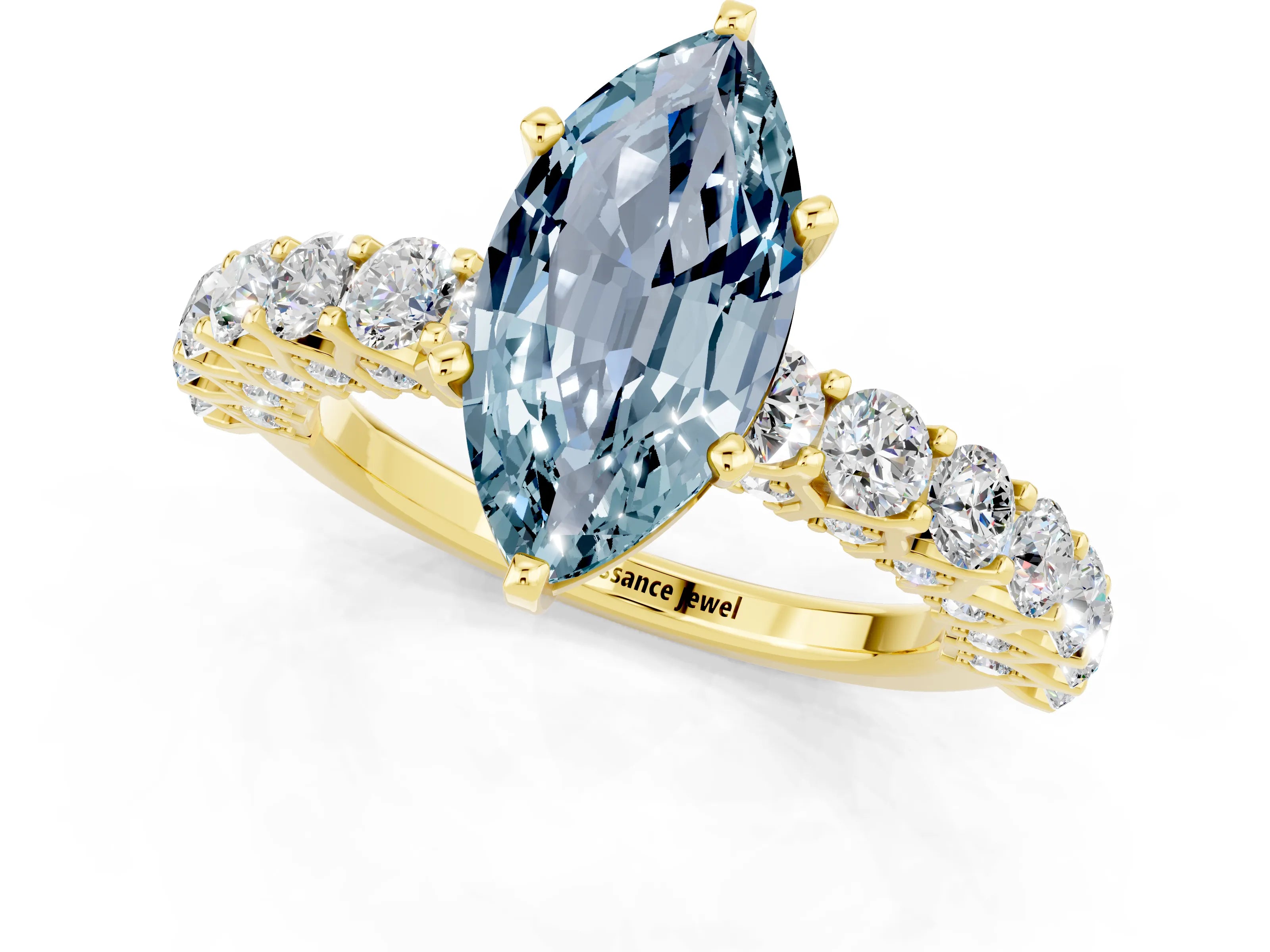 Yellow gold Marquise Cut Aquamarine Solitaire Ring with Shared Prong Pavé Band and Four-Prong Setting_1