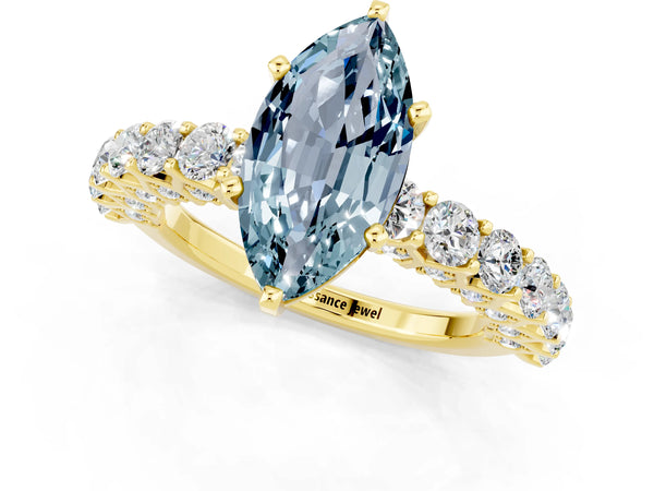 Yellow gold Marquise Cut Aquamarine Solitaire Ring with Shared Prong Pavé Band and Four-Prong Setting