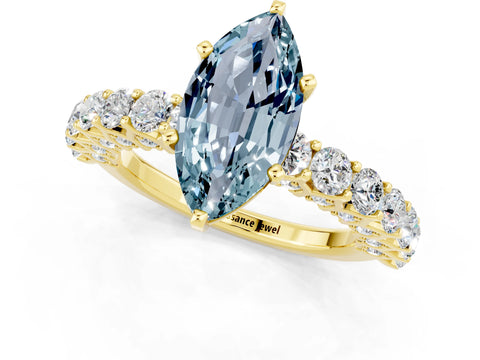 Yellow gold Marquise Cut Aquamarine Solitaire Ring with Shared Prong Pavé Band and Four-Prong Setting_1