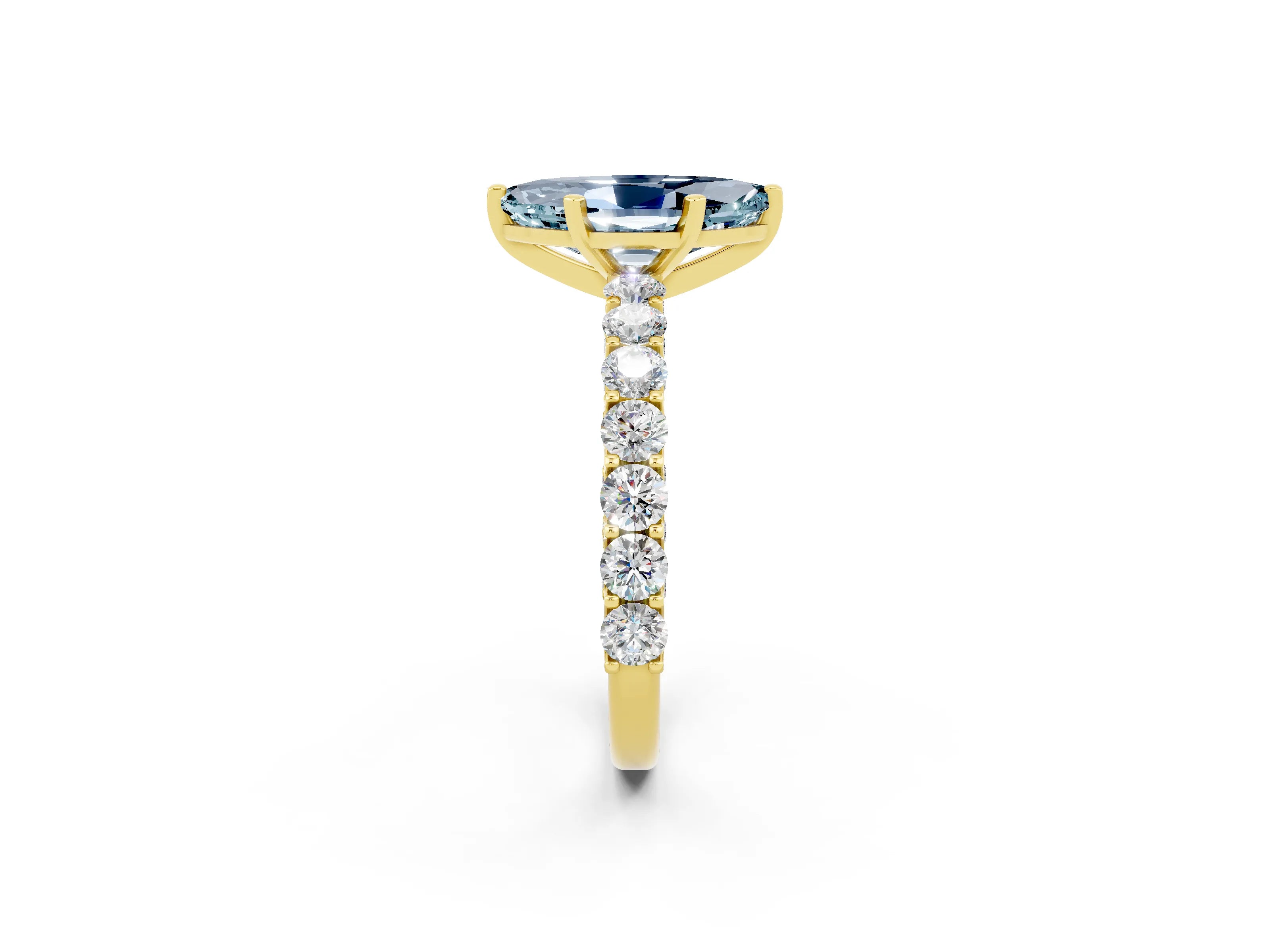 Yellow gold Marquise Cut Aquamarine Solitaire Ring with Shared Prong Pavé Band and Four-Prong Setting_2