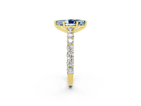 Yellow gold Marquise Cut Aquamarine Solitaire Ring with Shared Prong Pavé Band and Four-Prong Setting